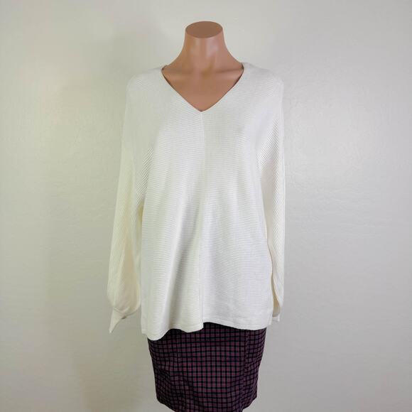 1 State V Neck Ribbed Knit Balloon Sleeve Pullover Sweater White Cream Large NWT - Picture 3 of 12